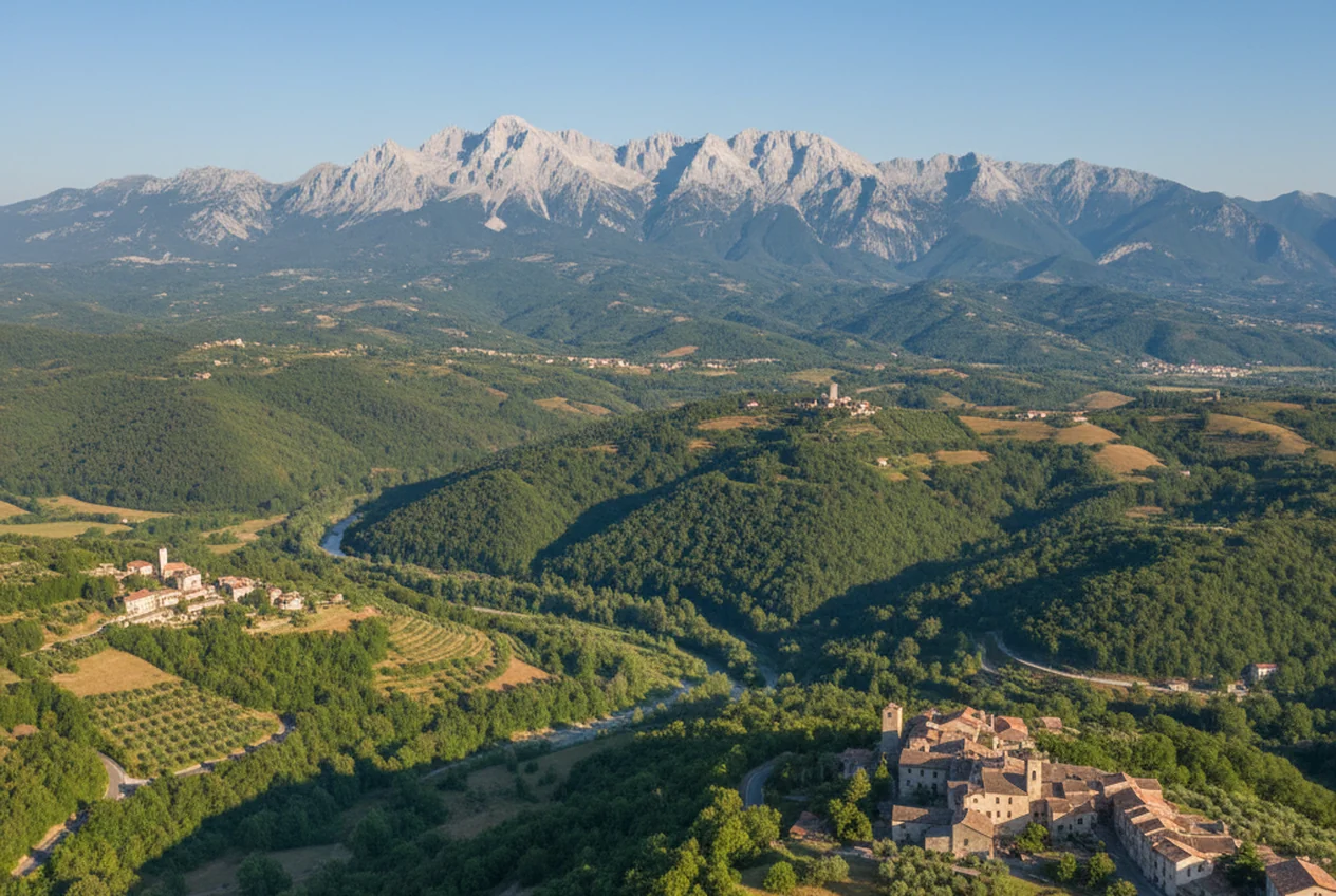 I marmi delle Alpi Apuane sopra i borghi della Lunigiana