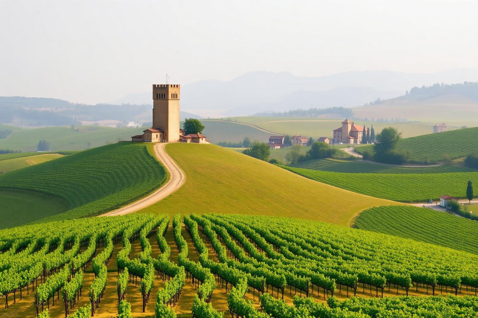 Colline modenesi con vigneti, torre medievale e case coloniche