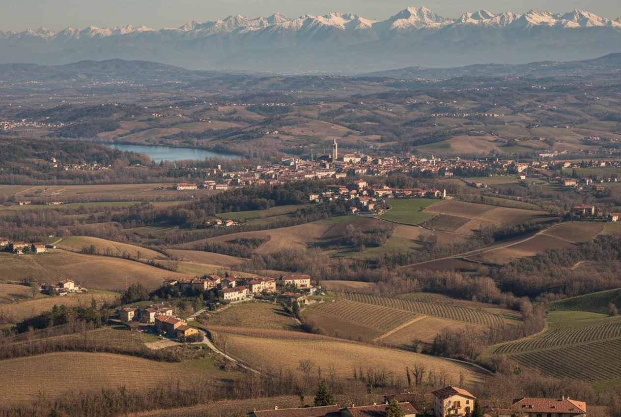 Il Lago d'Orta e le colline del Novarese con le montagne biellesi sullo sfondo