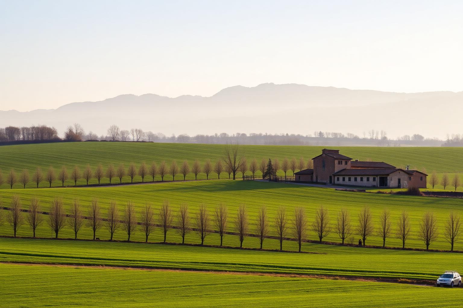 Campagna parmense con filari di alberi, corte agricola e Appennino sullo sfondo