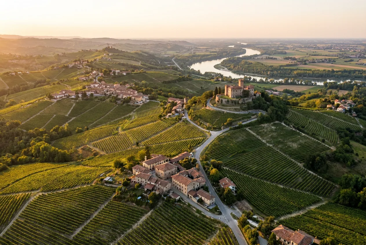 Risaie della Lomellina nel Pavese con le colline dell'Oltrepò sullo sfondo