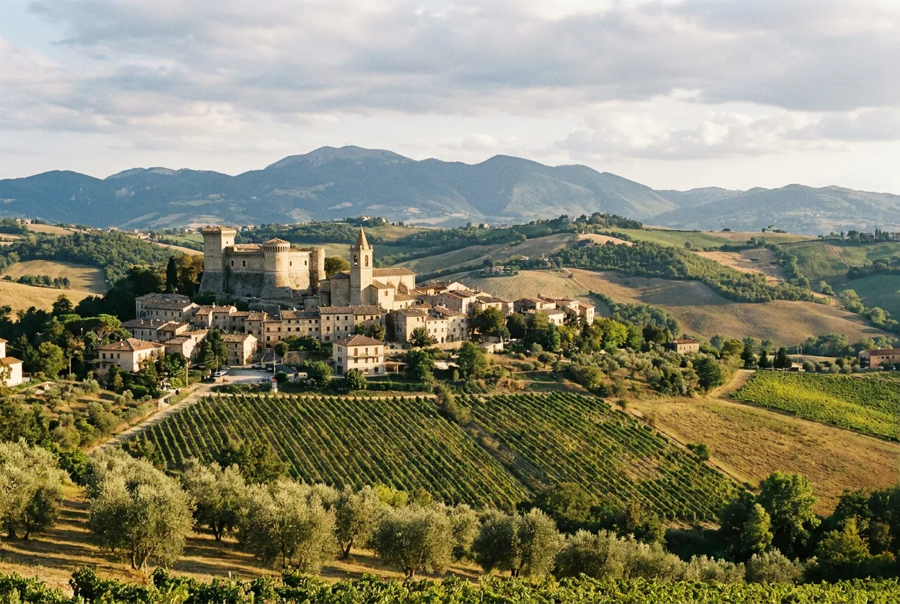 Colline del Montefeltro con il palazzo ducale di Urbino sullo sfondo