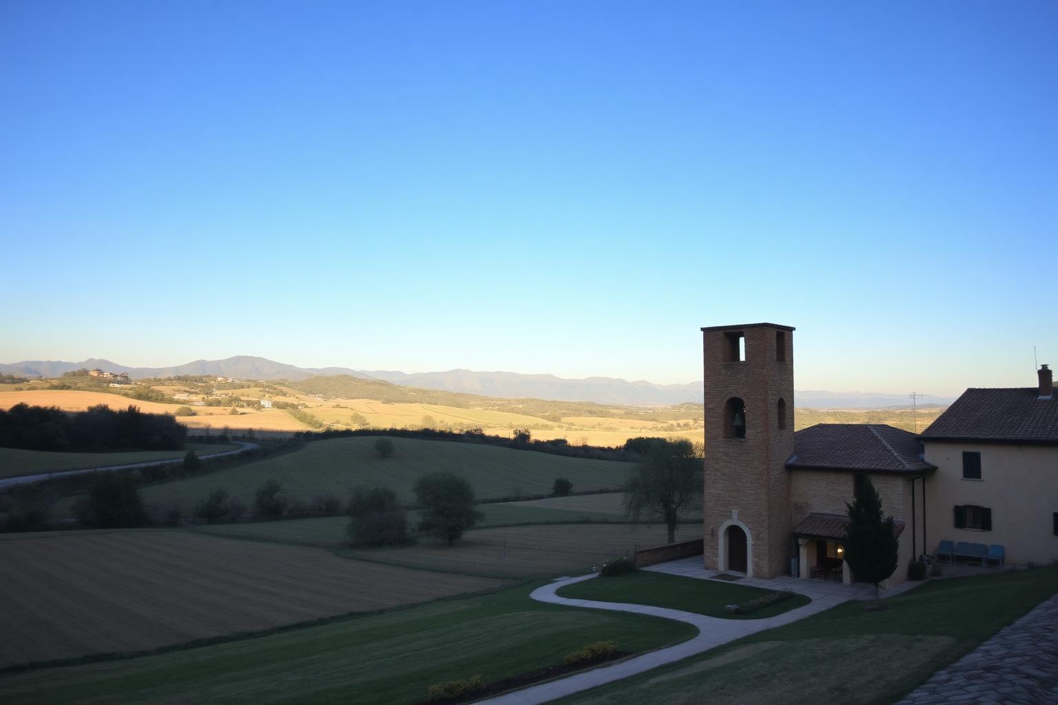 Campagna reggiana con pieve in mattoni, campi coltivati e crinale appenninico