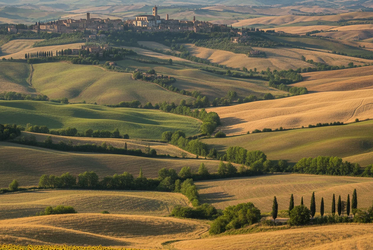 Le colline della Val d'Orcia con cipressi e casali fra Siena e Montalcino