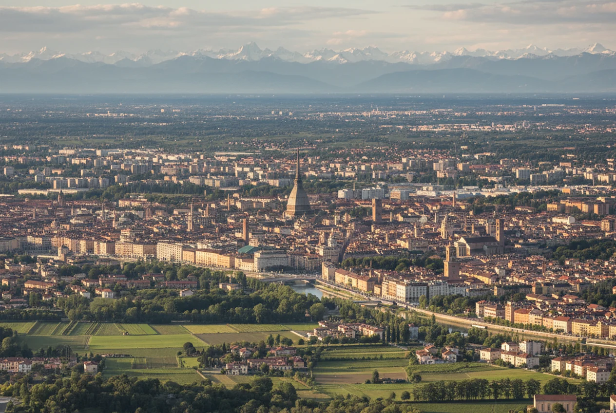 La Mole Antonelliana e i tetti di Torino con le Alpi sullo sfondo