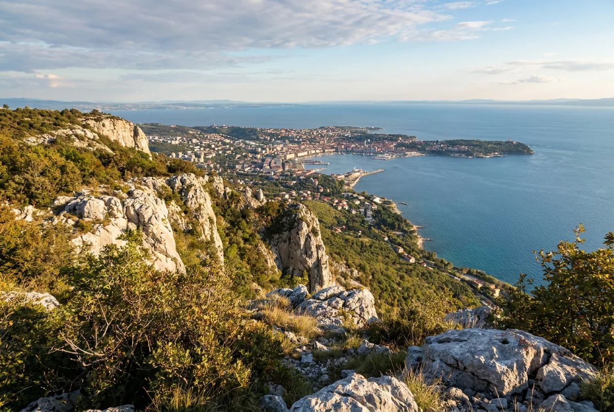 Golfo di Trieste visto dal ciglione carsico con la città e il mare Adriatico