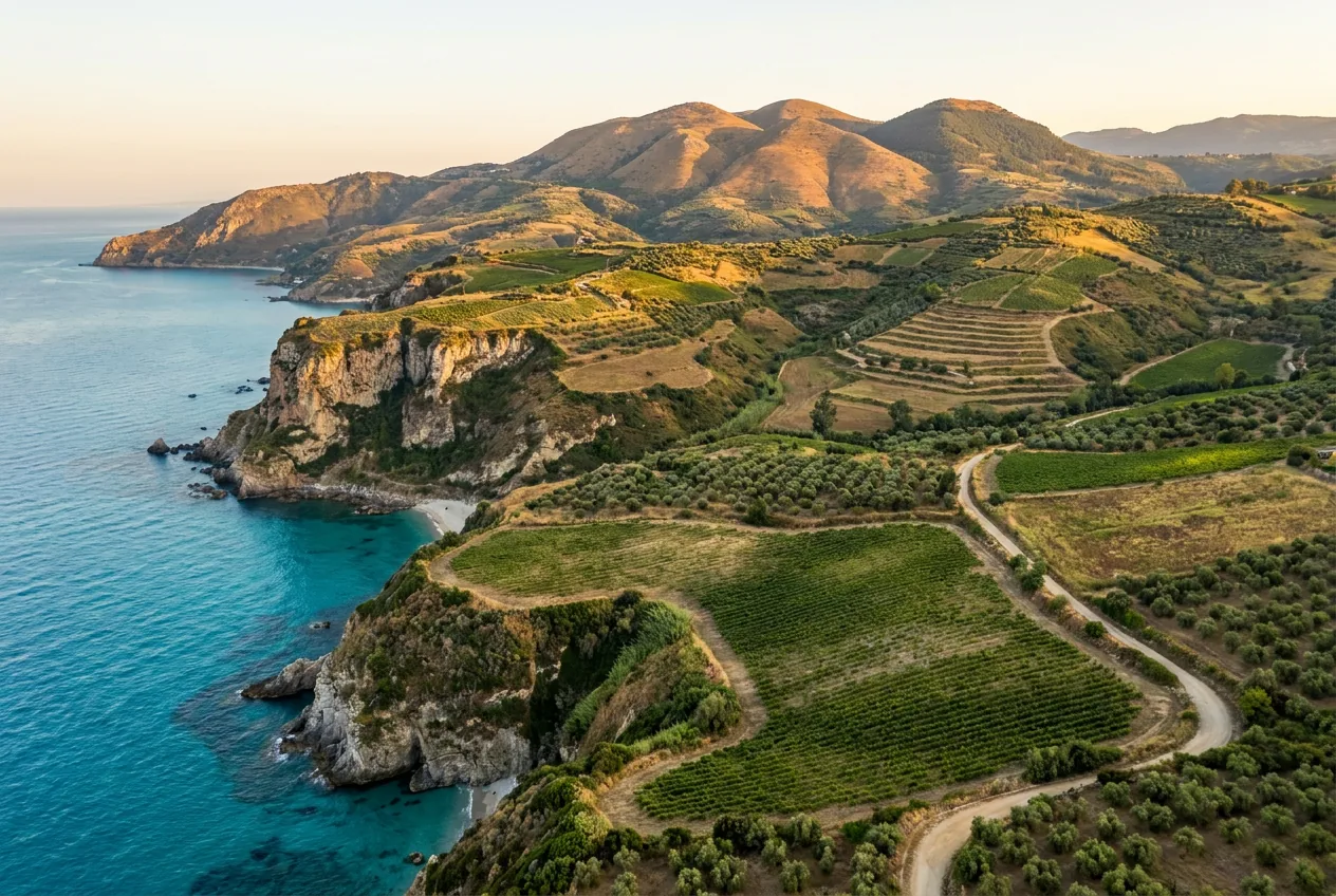 Costa di Tropea con il santuario di Santa Maria dell'Isola e il mare tirrenico