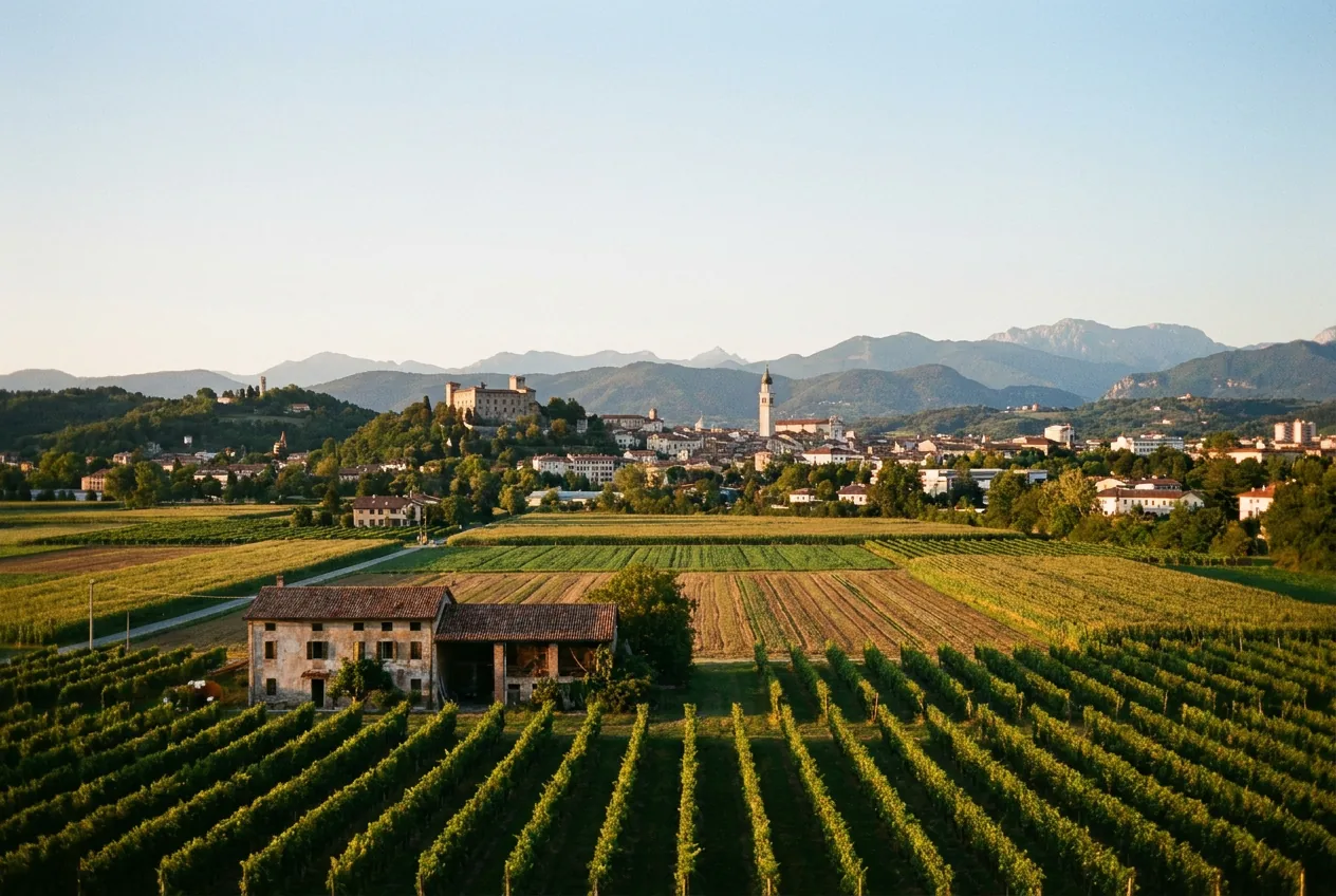 Campagna friulana con filari e casolari nella pianura di Udine