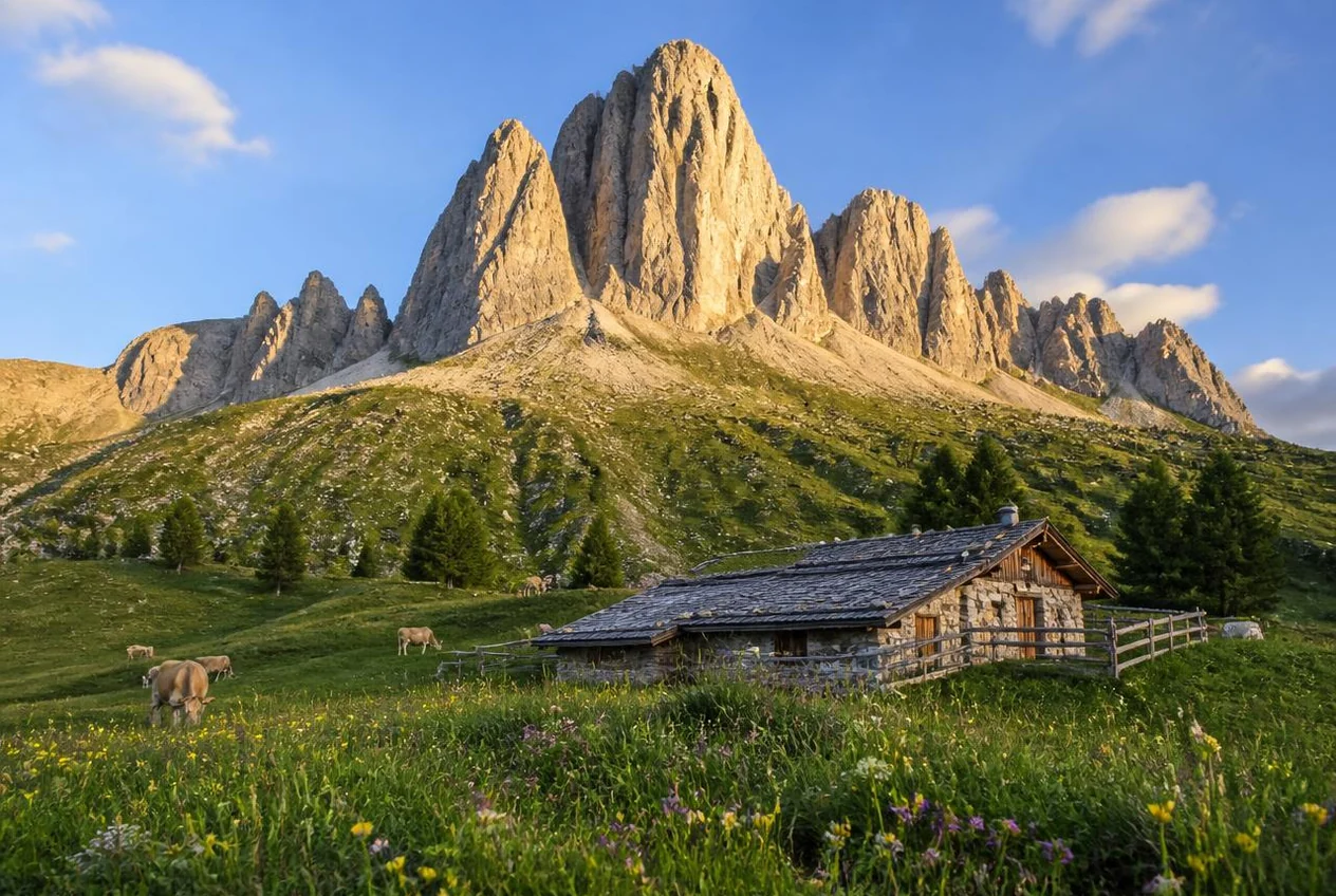 Le Dolomiti della Val di Fassa viste da un pascolo di malga