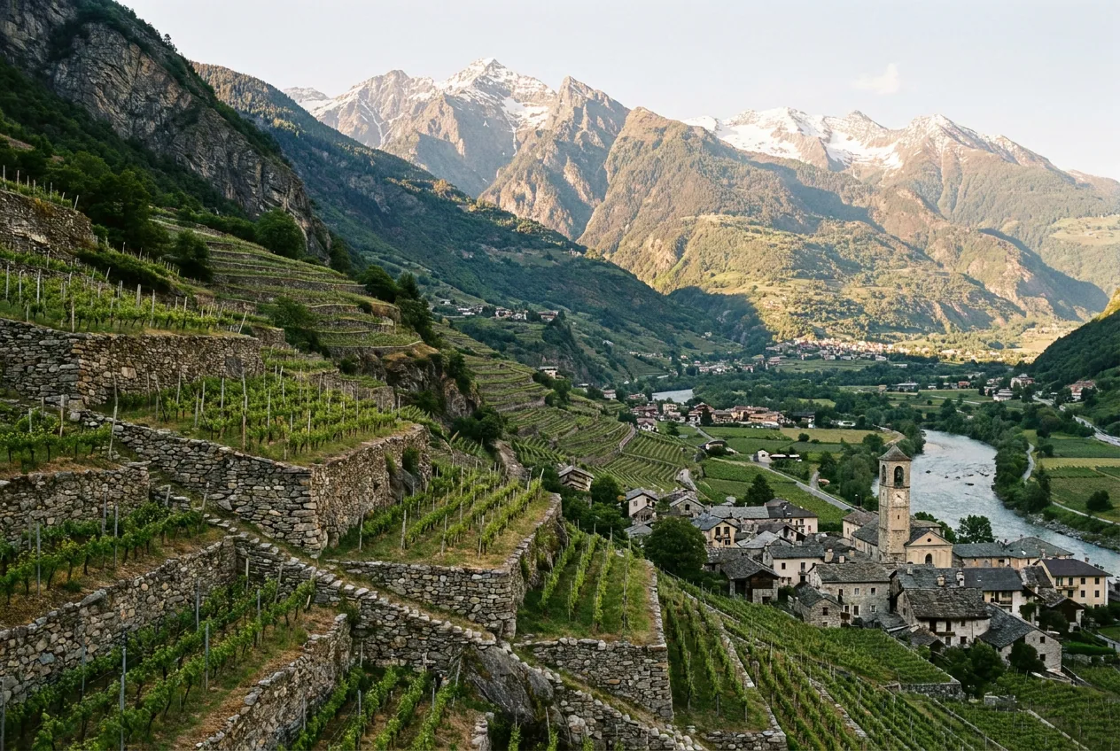 Terrazzamenti alpini della Valtellina con vigneti e alpeggi