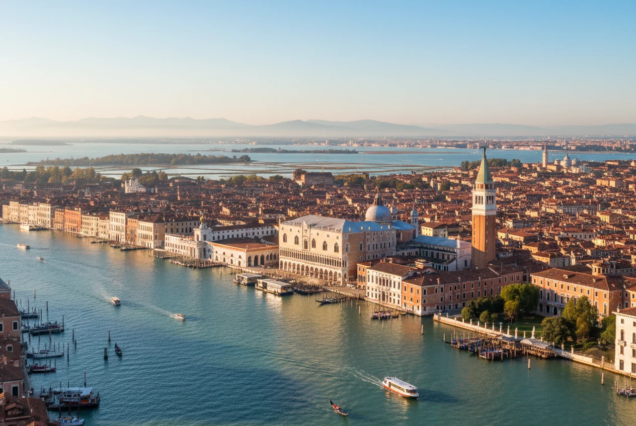 Vista di Venezia con il Canal Grande e le barche dei pescatori lagunari