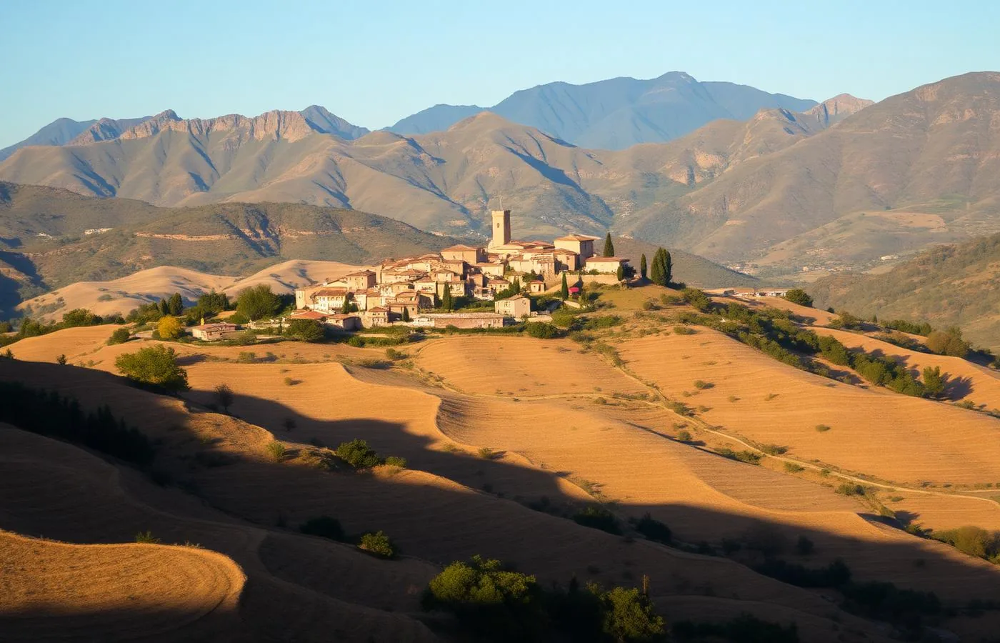 Borgo arroccato della Ciociaria con i monti Ernici sullo sfondo