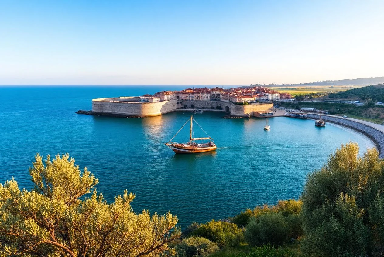 Il borgo antico di Termoli sul promontorio roccioso affacciato sull'Adriatico al tramonto