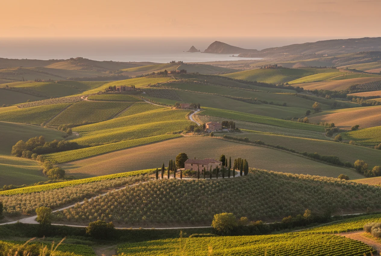 I vigneti del Chianti al tramonto con i cipressi e i borghi collinari fra Firenze e Siena