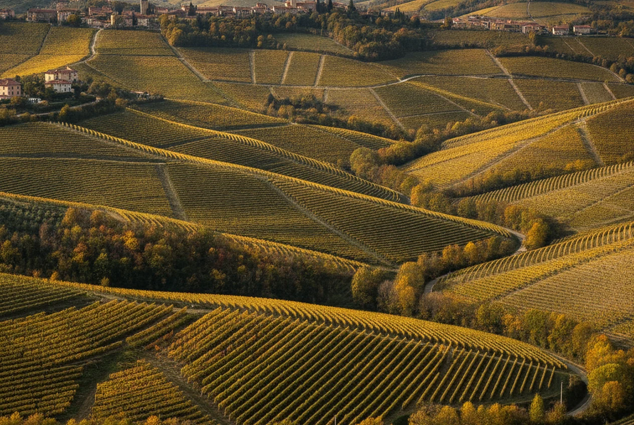 Le colline vitate delle Langhe attorno a Barolo in autunno, con i filari di Nebbiolo e i borghi sulle creste