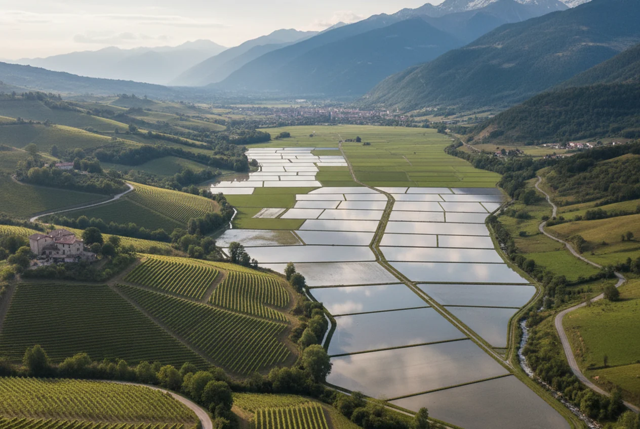 Le risaie allagate del Vercellese al tramonto con le colline del Monferrato e le Alpi sullo sfondo