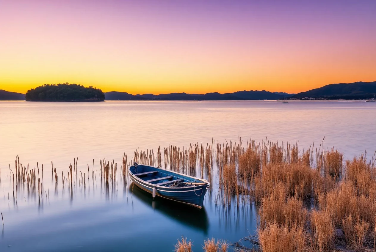 Le rive del lago Trasimeno con i colli del Perugino sullo sfondo