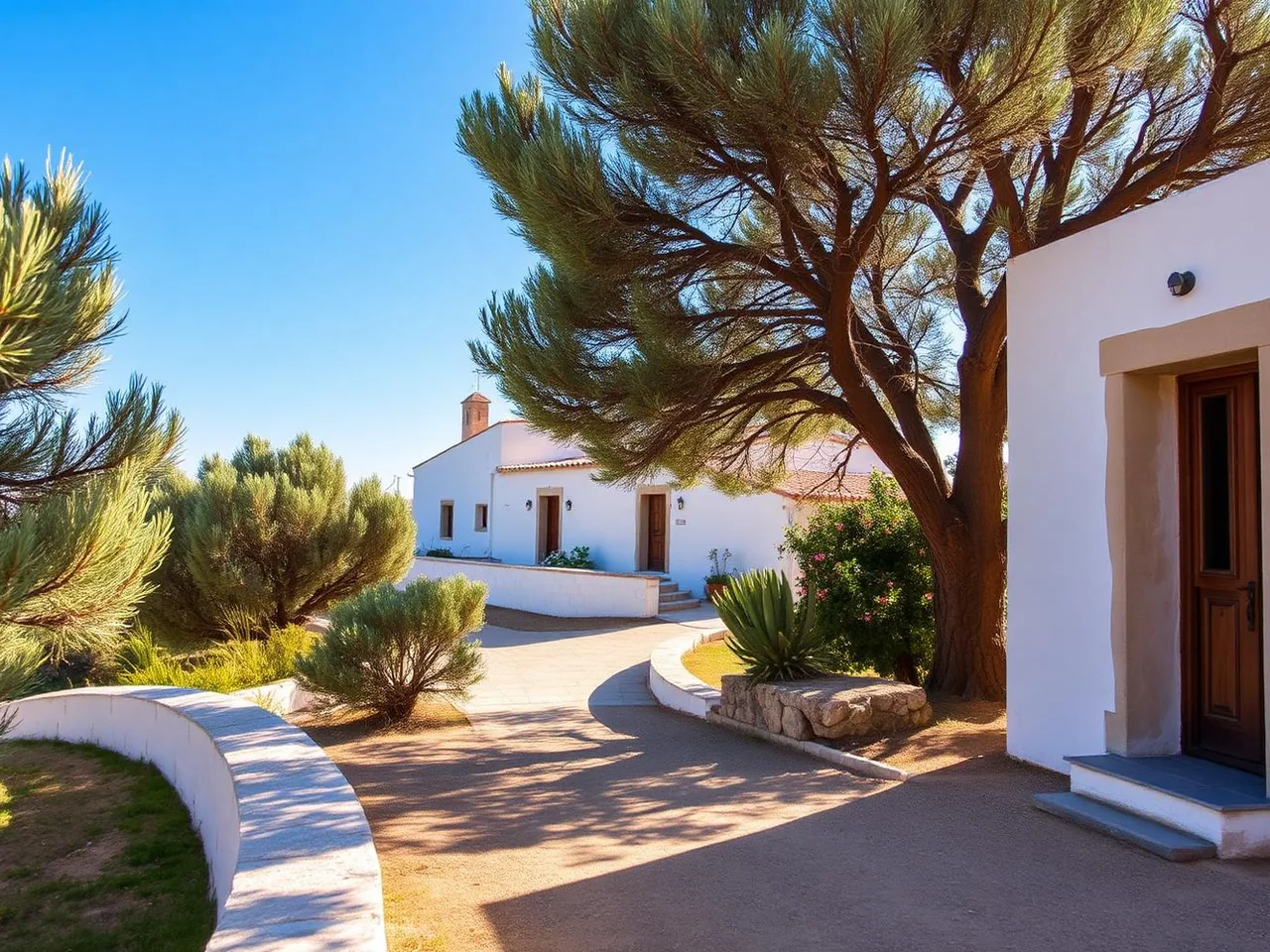 Masseria bianca del Salento tra ulivi secolari e mare Ionio sullo sfondo