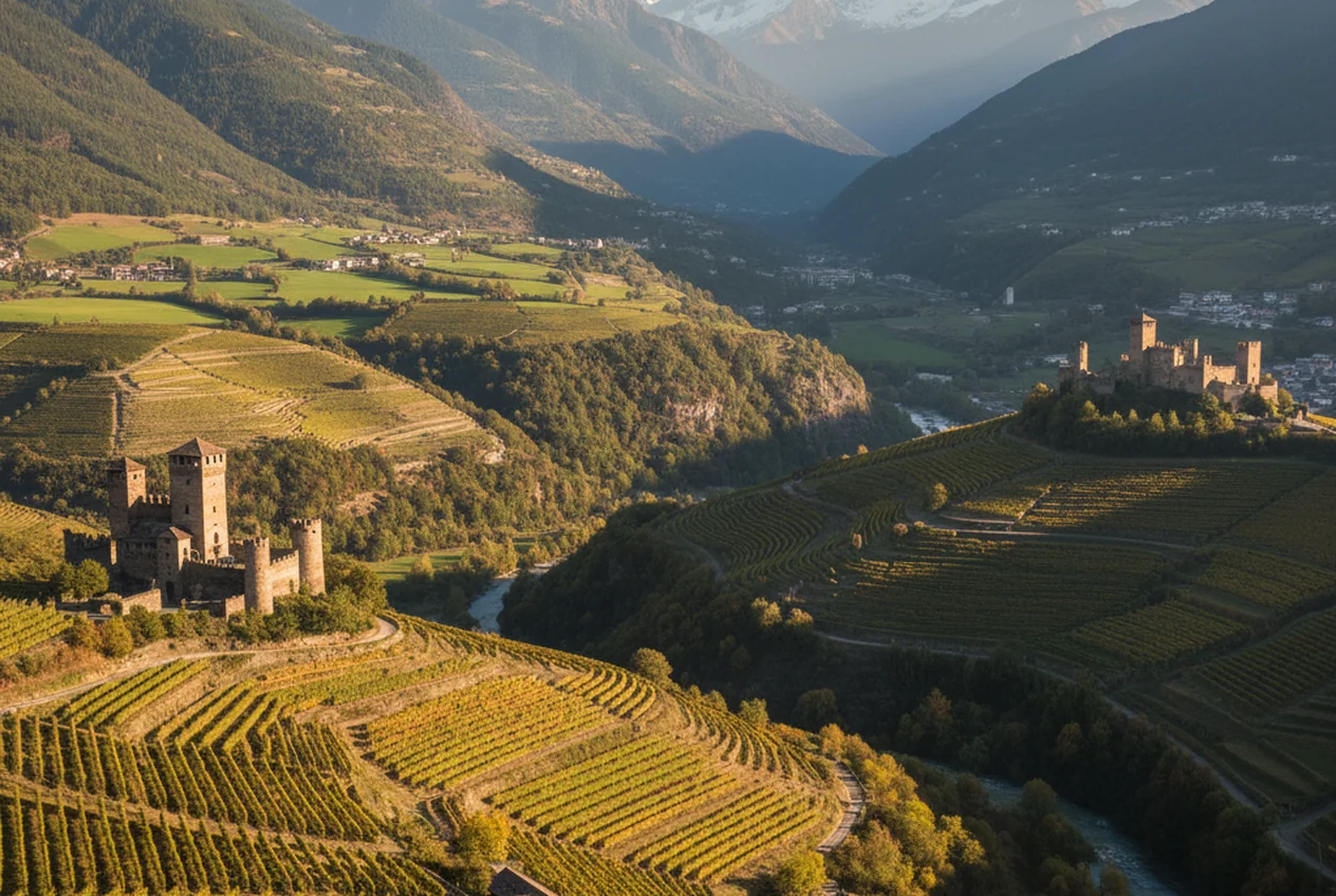 Vigneti terrazzati su un pendio alpino con un castello valdostano in lontananza