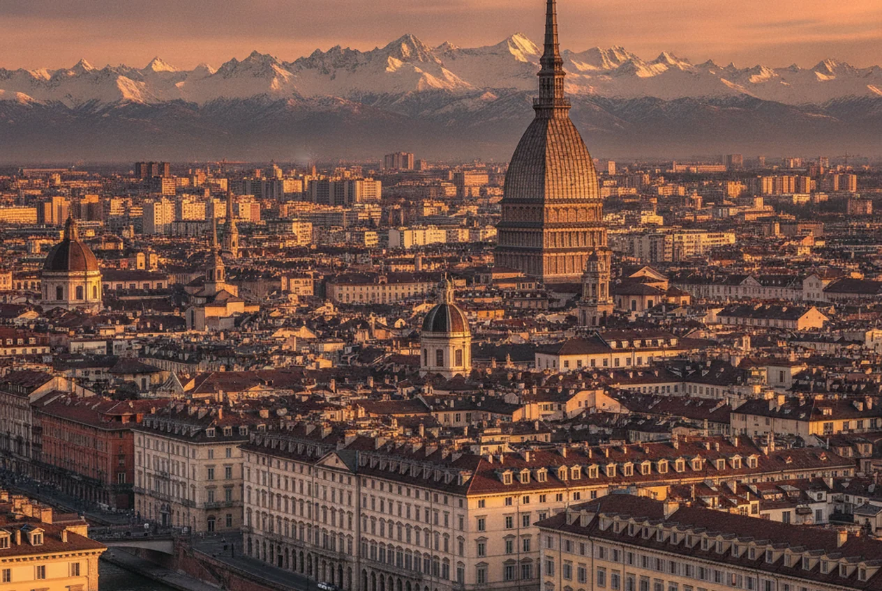 I portici e la Mole Antonelliana di Torino al tramonto, con le Alpi innevate sullo sfondo