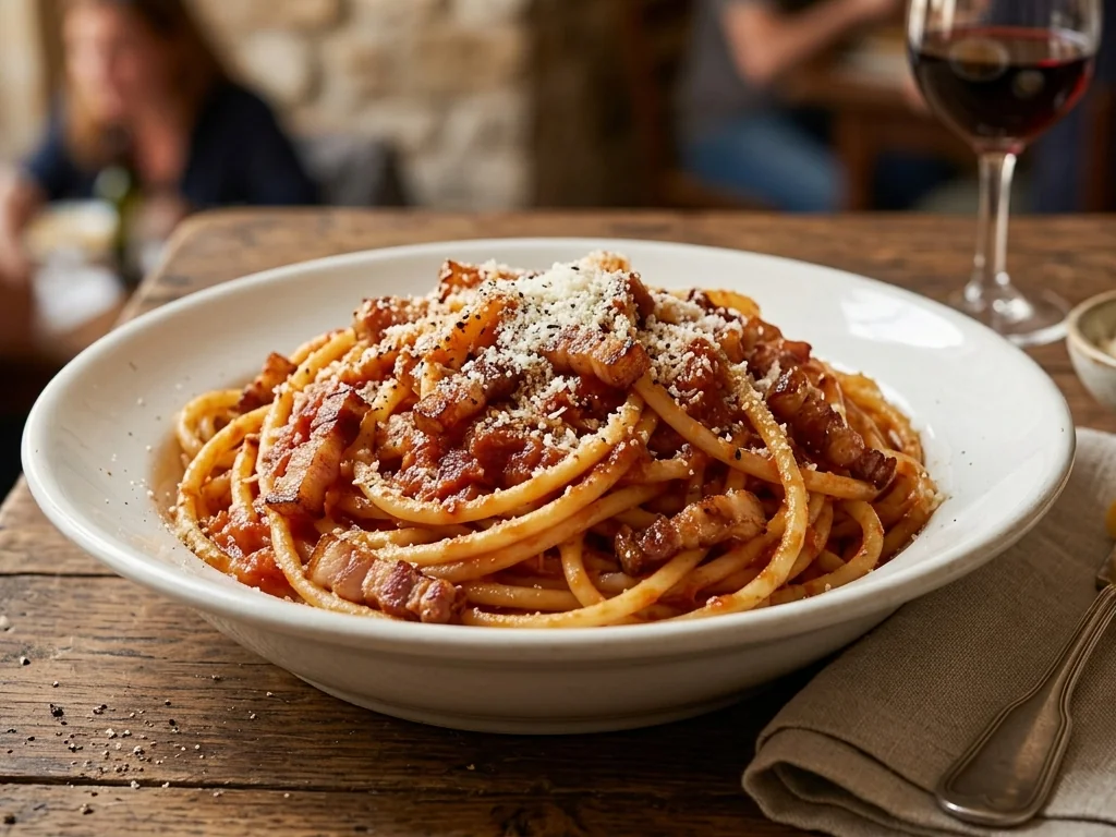 Amatriciana romana tradizionale con pomodoro, guanciale e Pecorino Romano