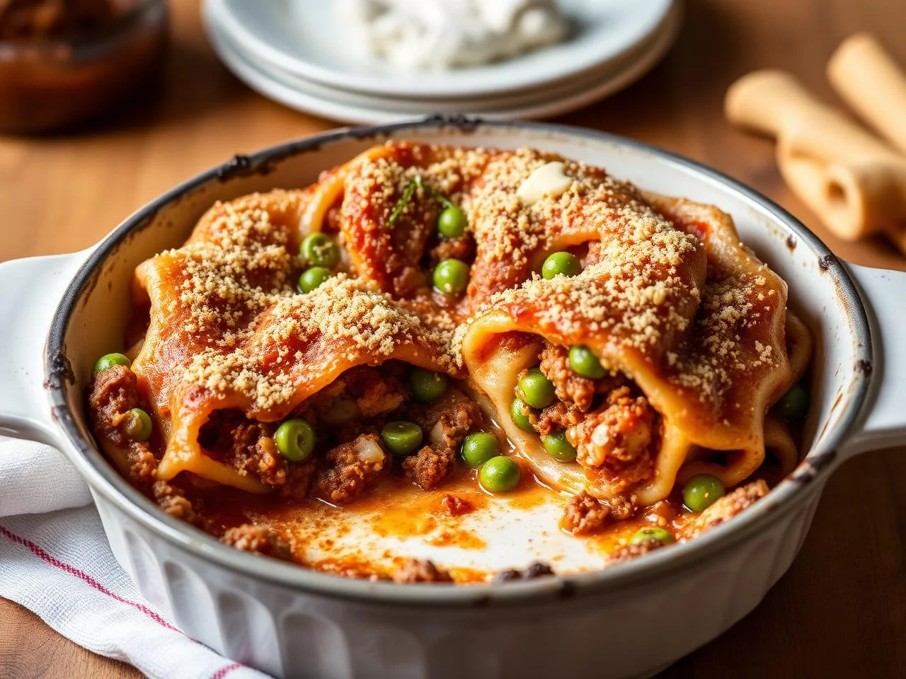Timballo di anelletti al forno palermitano con ragù, piselli e caciocavallo