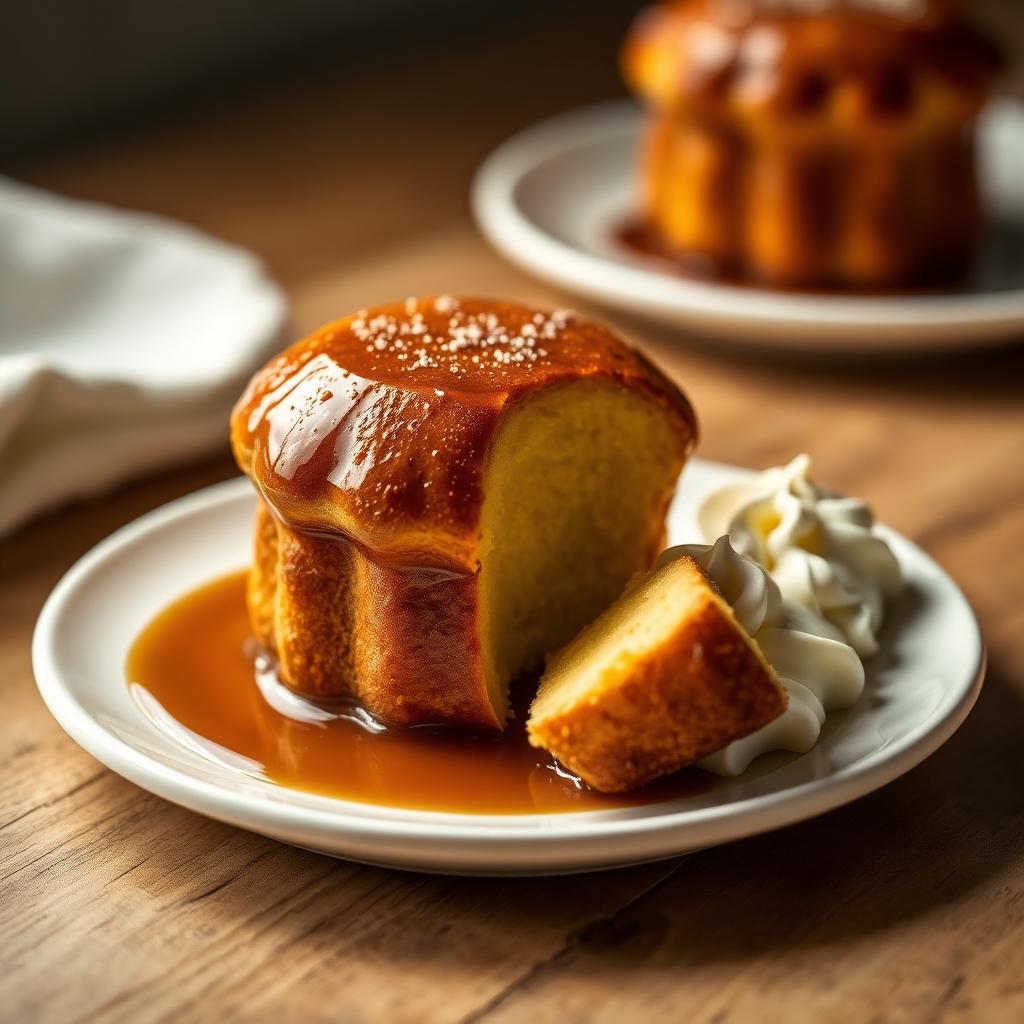 Babà napoletano al rum lucido di sciroppo su piatto di ceramica con crema