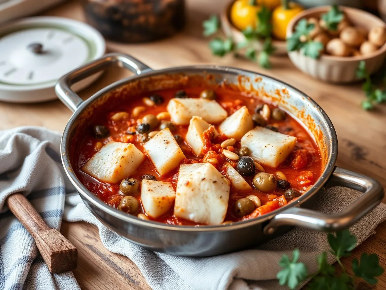 Baccalà alla napoletana con pomodorini, olive nere e capperi in umido