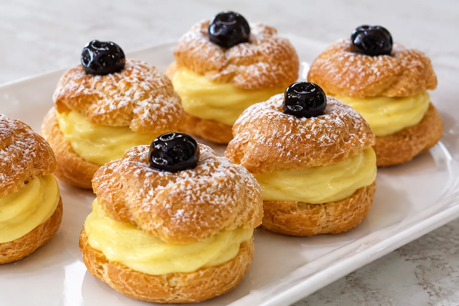 Bignè di San Giuseppe con crema pasticcera e amarena