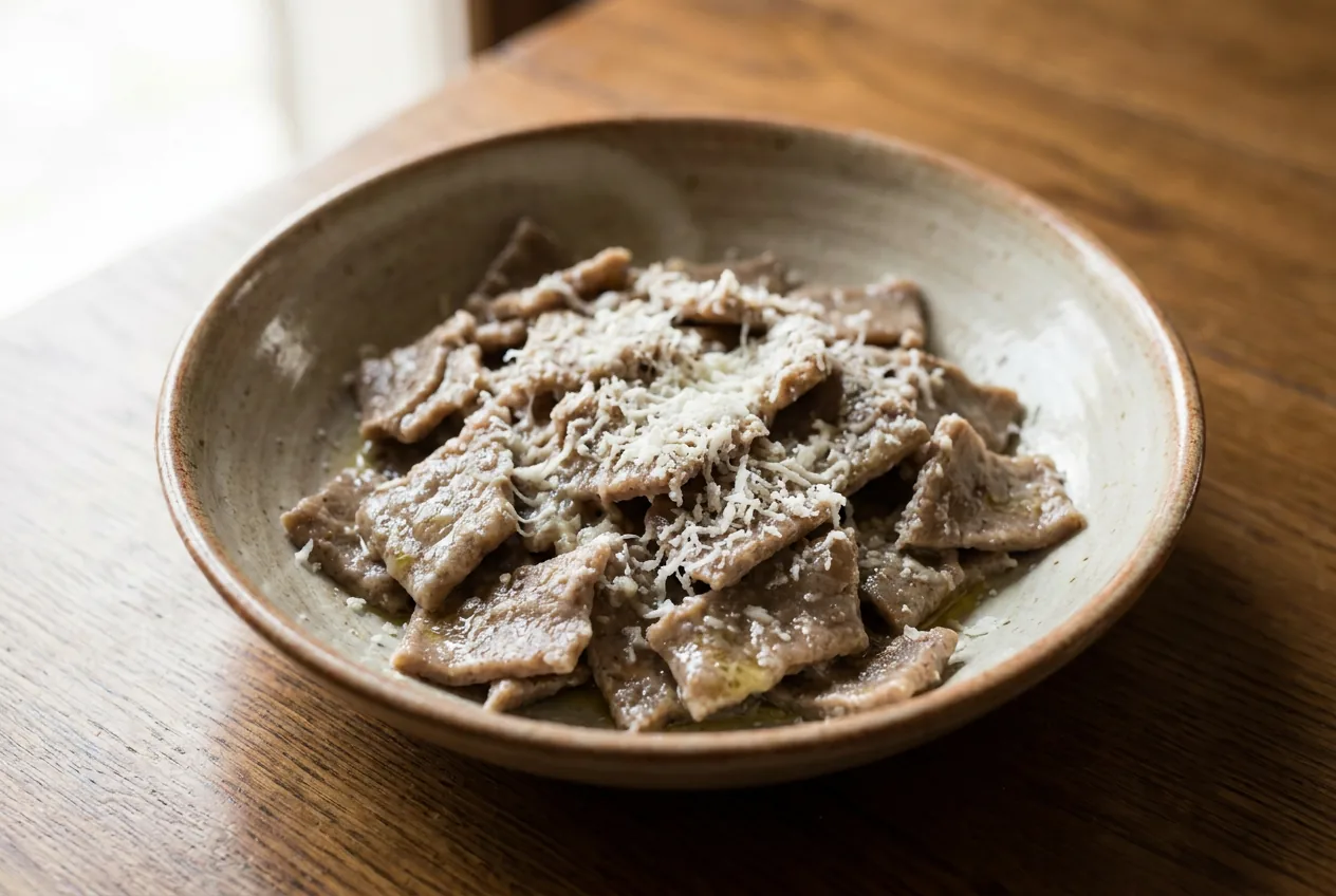 Blecs carnici, pasta di grano saraceno conditi con burro e ricotta affumicata