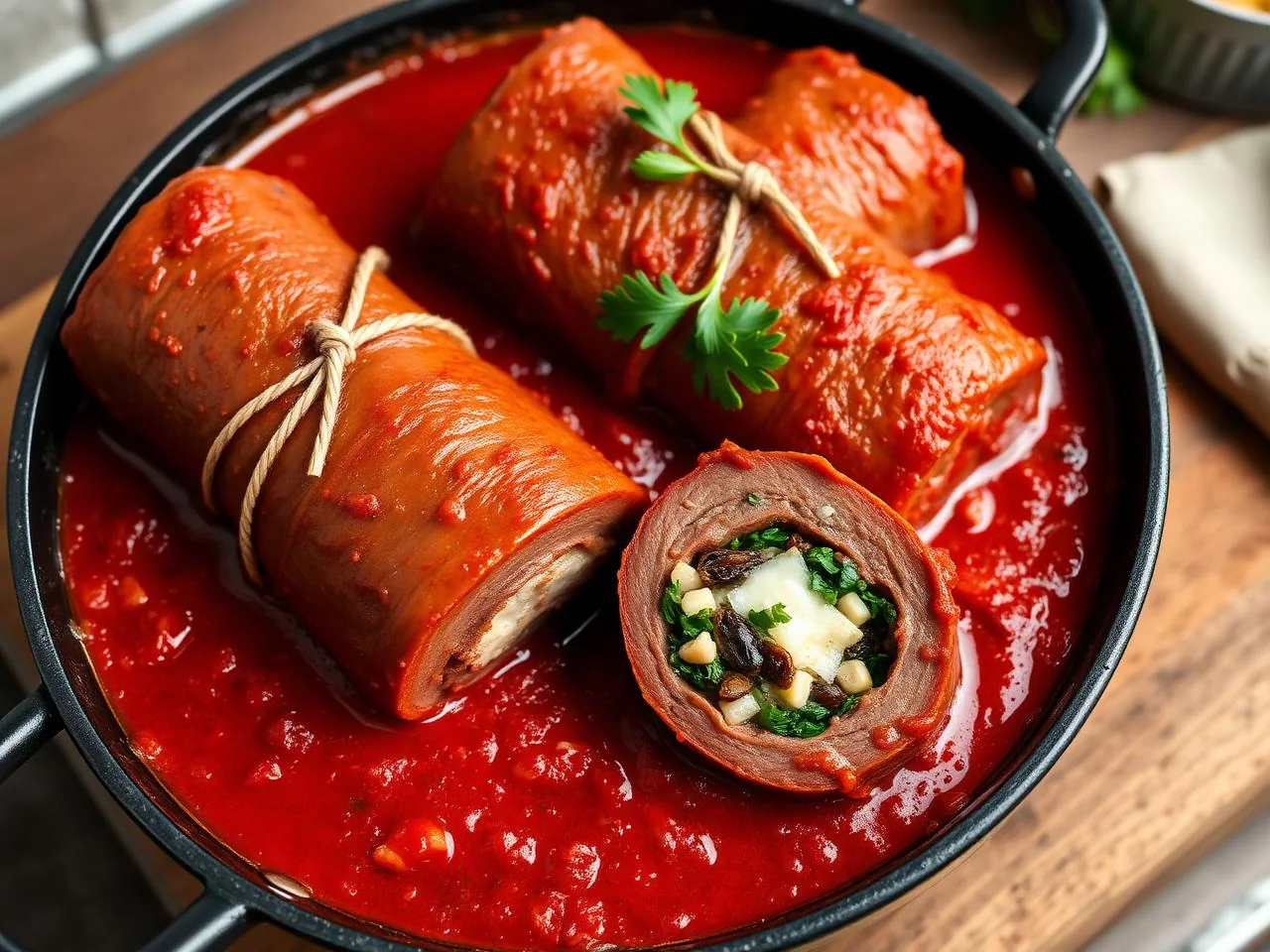 Braciole napoletane al ragù, involtini di manzo farciti con pinoli e uvetta
