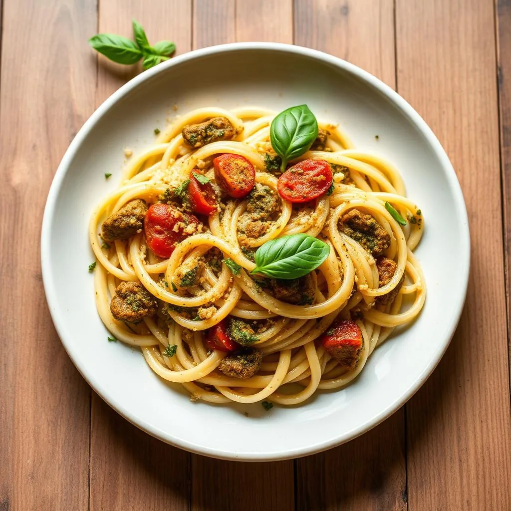 Busiate al pesto trapanese con pomodoro fresco, mandorle e basilico