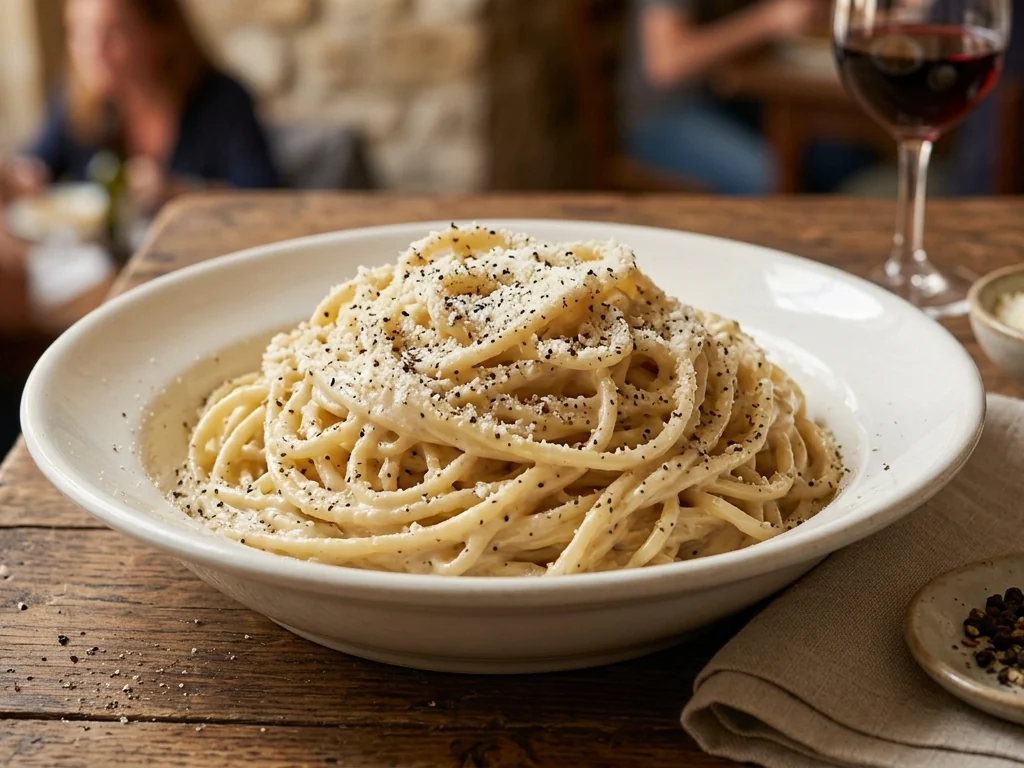 Pasta cacio e pepe romana con Pecorino Romano e pepe nero