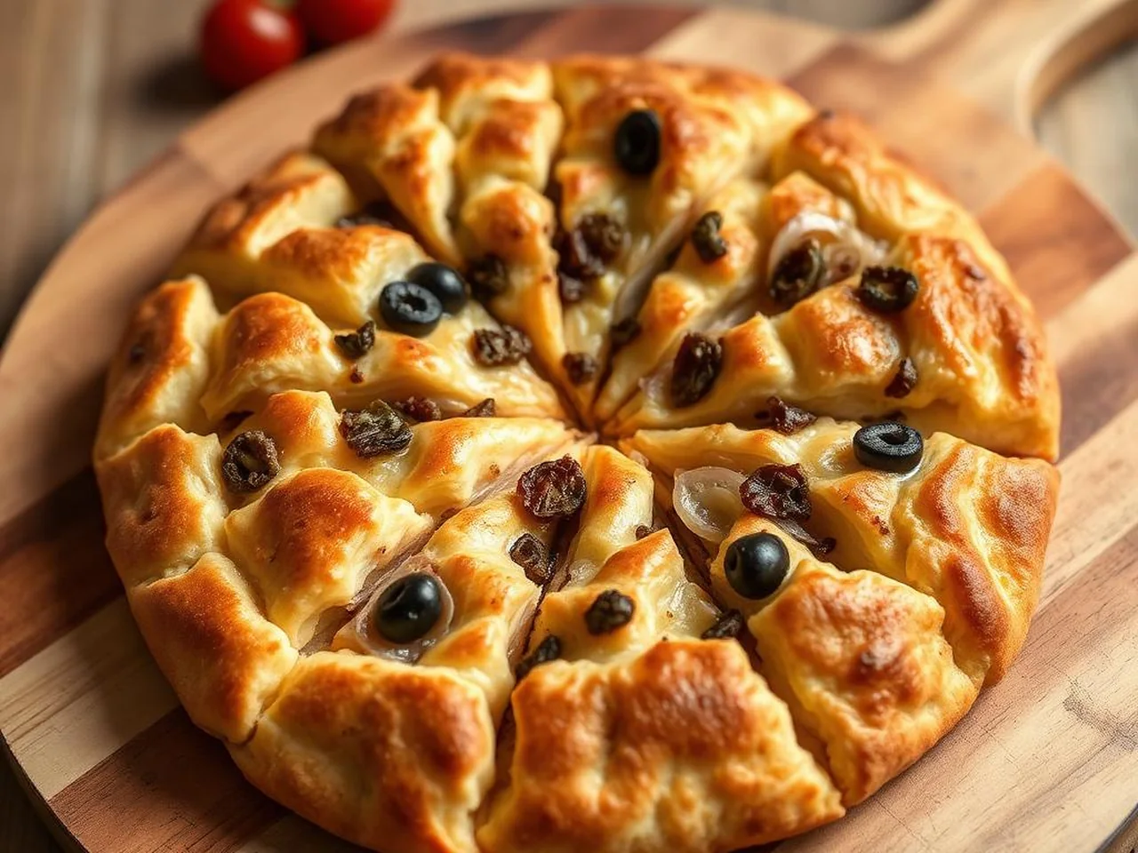 Calzone di cipolle pugliese con sponsali, olive e acciughe