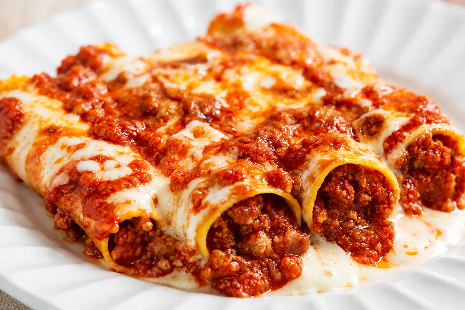 Primo piano di cannelloni al forno ripieni, ricoperti di ragù e besciamella su un piatto bianco