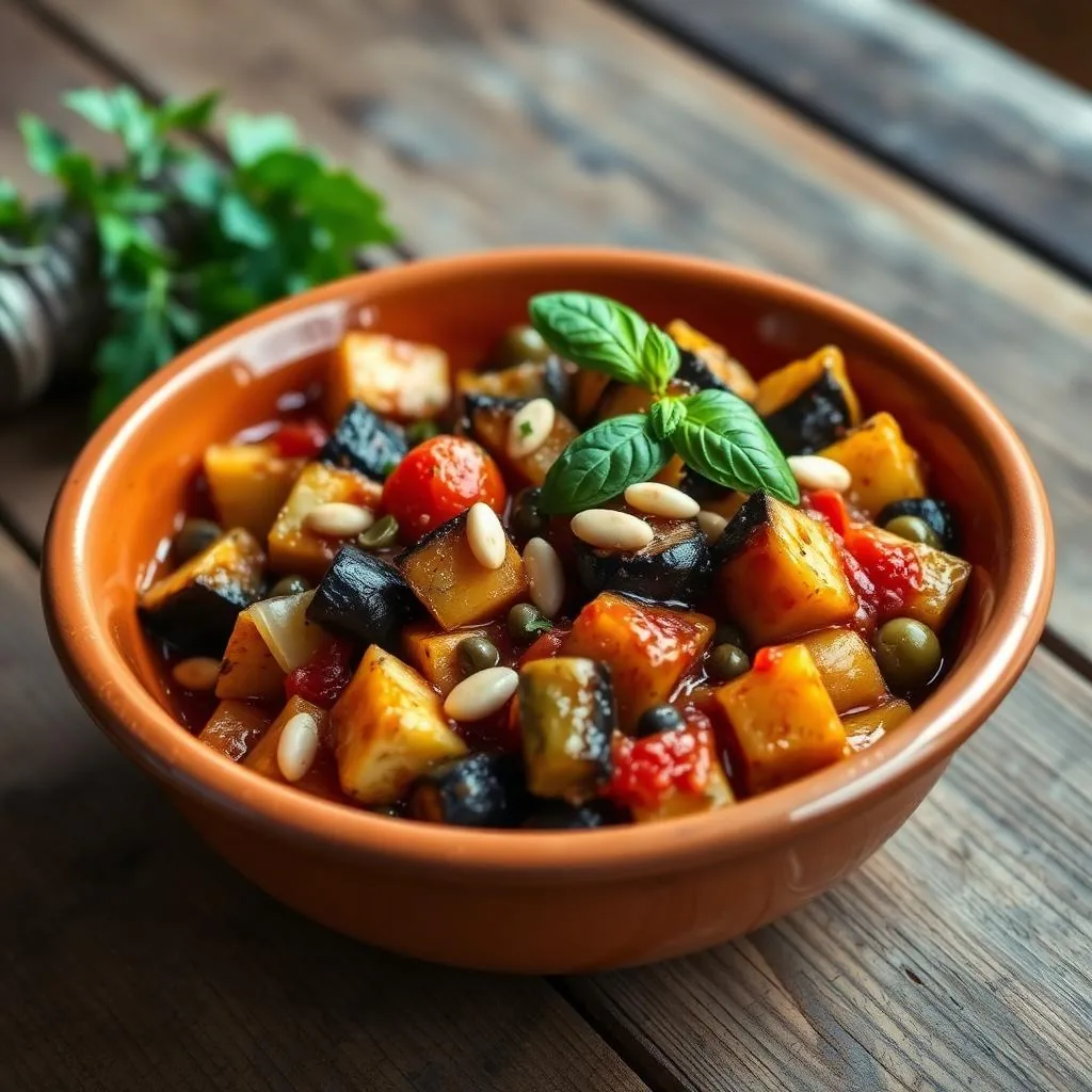 Caponata siciliana agrodolce con melanzane fritte, sedano, olive e capperi