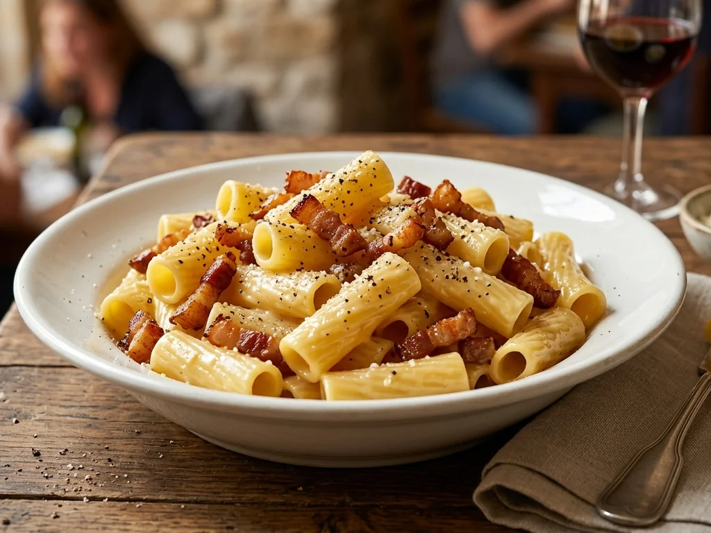 Carbonara romana tradizionale con guanciale, uovo e Pecorino Romano