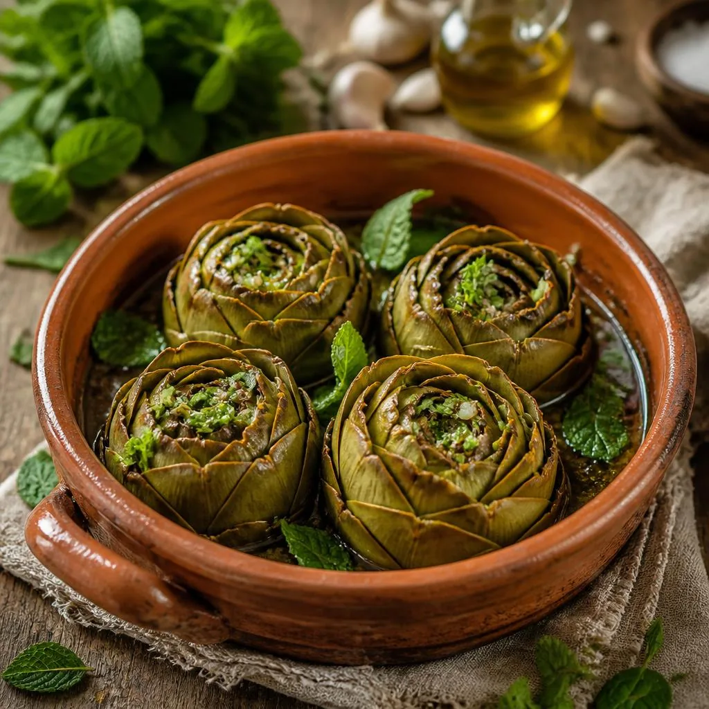 Carciofi alla romana in casseruola di terracotta con mentuccia