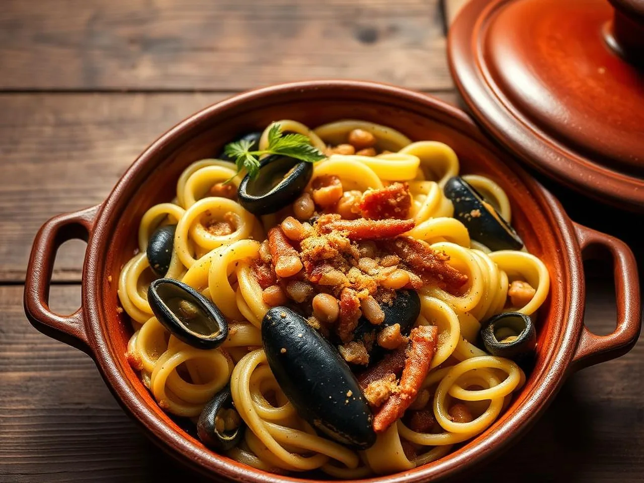 Cavatelli pugliesi con cozze nere e fagioli cannellini in ciotola di terracotta