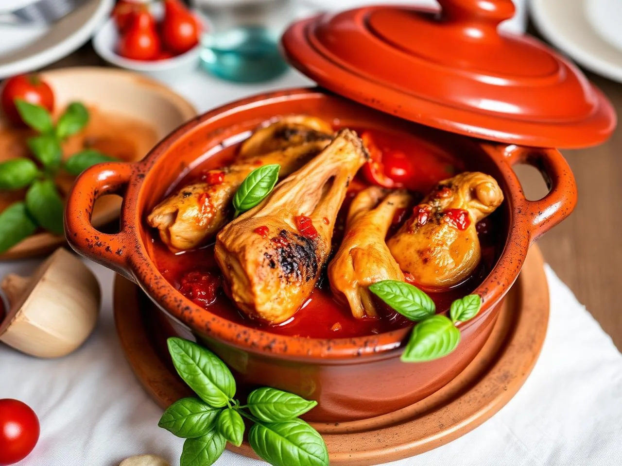 Coniglio all'ischitana cotto in tegame di coccio con pomodorini, vino bianco e basilico