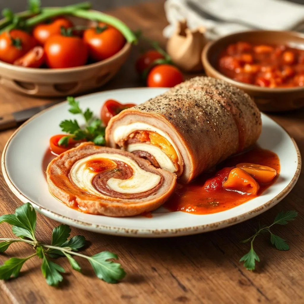 Falsomagro siciliano arrotolato e affettato con uova sode e caciocavallo