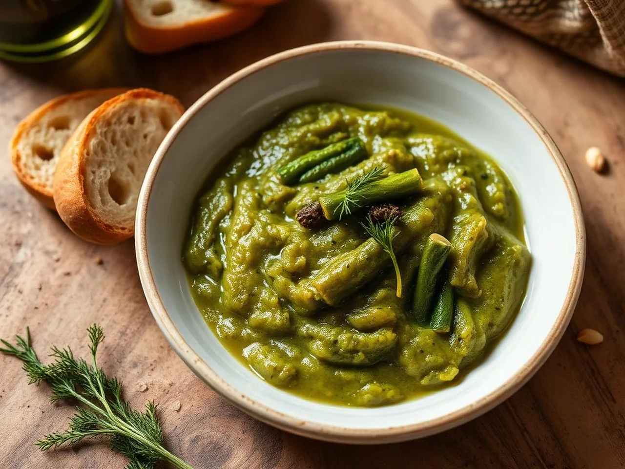 Purea di fave gialle con cicorie di campo saltate e crostini di pane pugliese