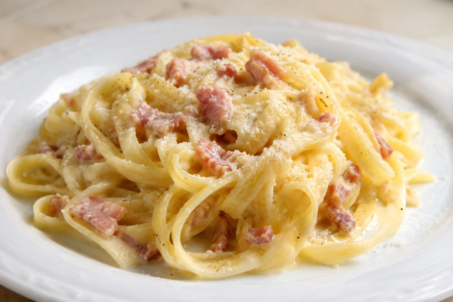 Fettuccine alla papalina con prosciutto cotto, piselli e crema d'uovo