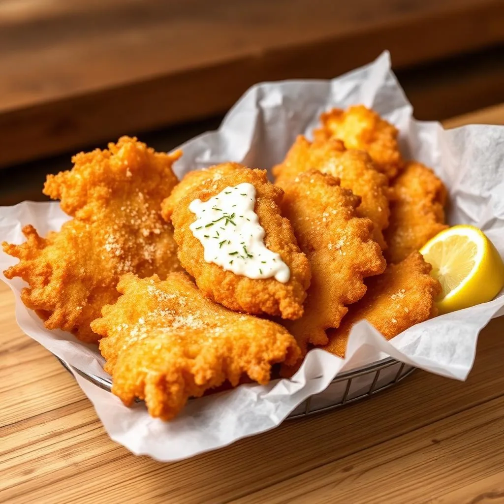 Filetti di baccalà alla romana fritti in pastella dorata su carta paglia