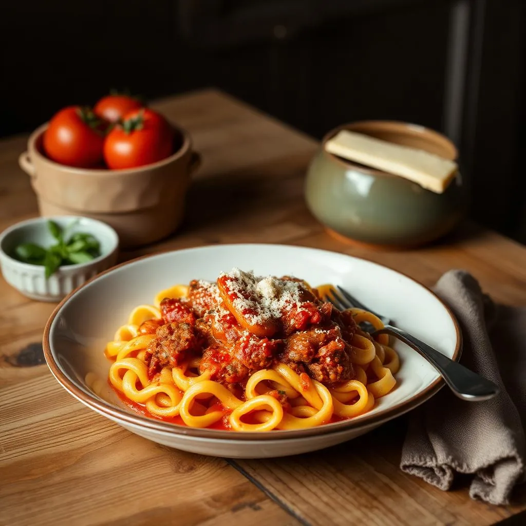 Rombi di sfoglia di pasta ciociara al sugo di pomodoro e guanciale