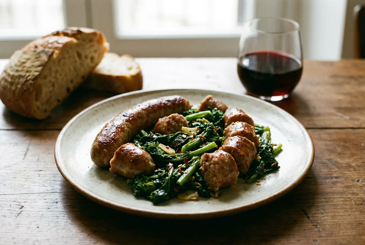 Piatto napoletano di salsiccia e friarielli ripassati con aglio e peperoncino