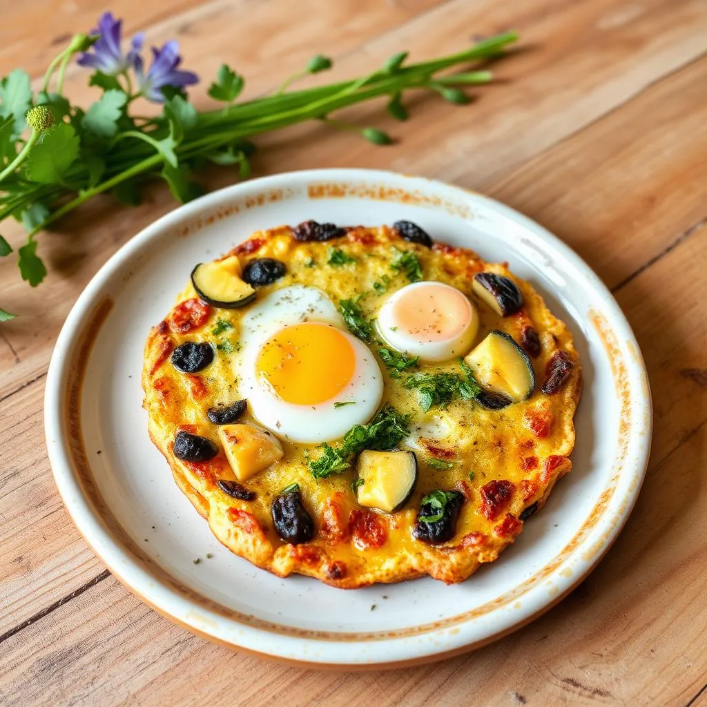 Frittata con mentuccia romana su piatto di ceramica rustico