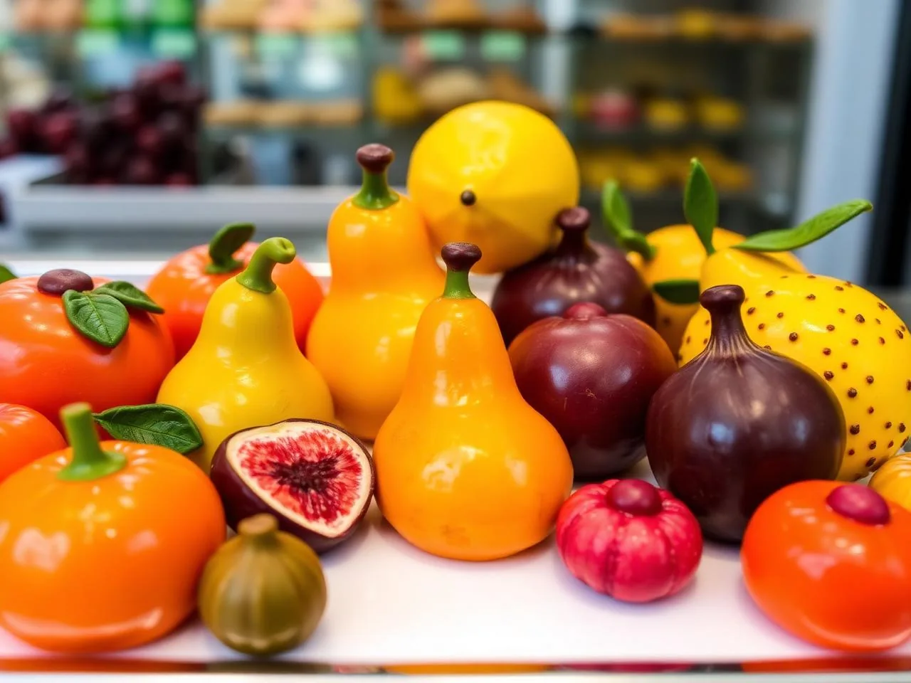 Frutta martorana siciliana di pasta reale modellata come frutti veri
