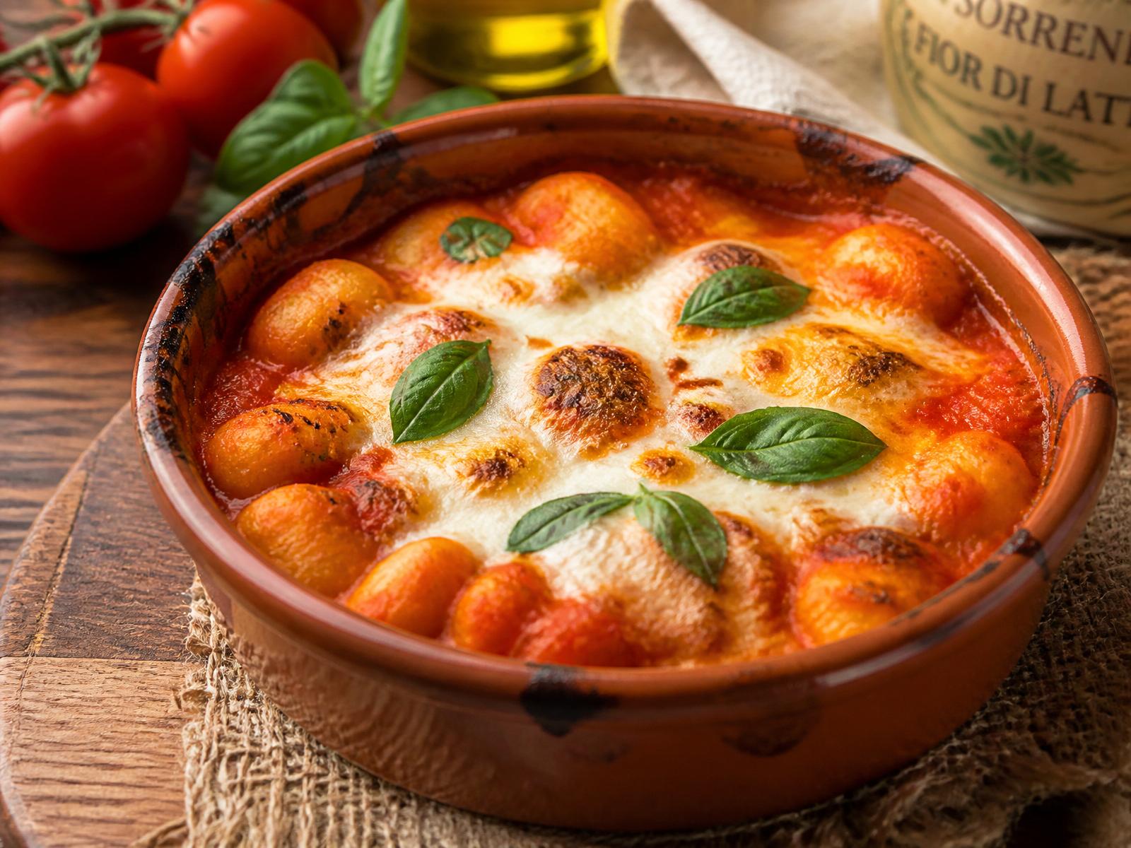 Gnocchi alla sorrentina con pomodoro, fiordilatte e basilico gratinati in coccio di terracotta