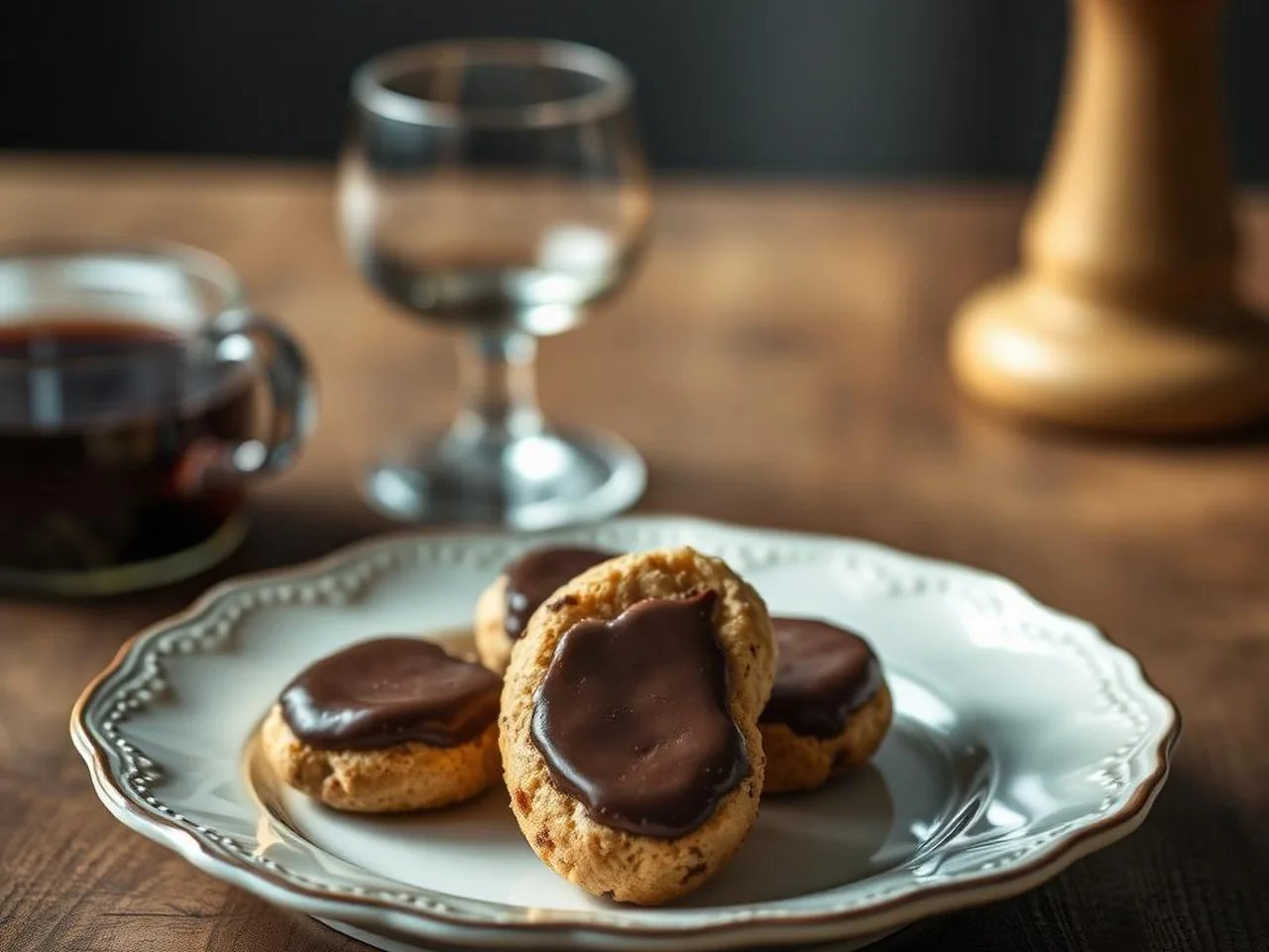 Mostaccioli leccesi romboidali glassati al cioccolato fondente su piatto di ceramica